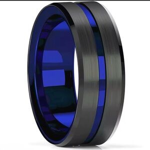 Black and Blue Men's Tungsten Ring with Blue Inlay size 9